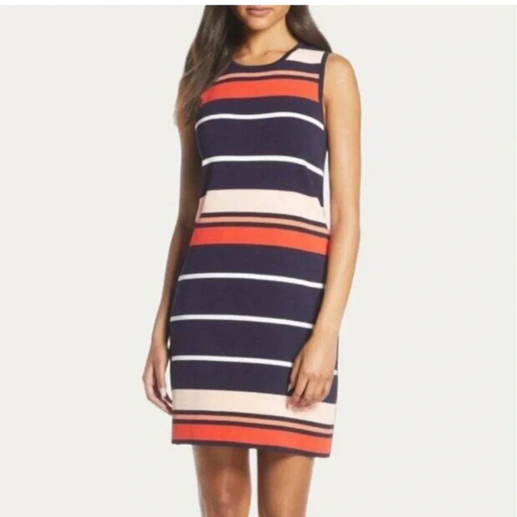 Eliza J Sleeveless Back Zip Dress Size Large Striped Navy Knit A LIne Tank - Picture 1 of 8